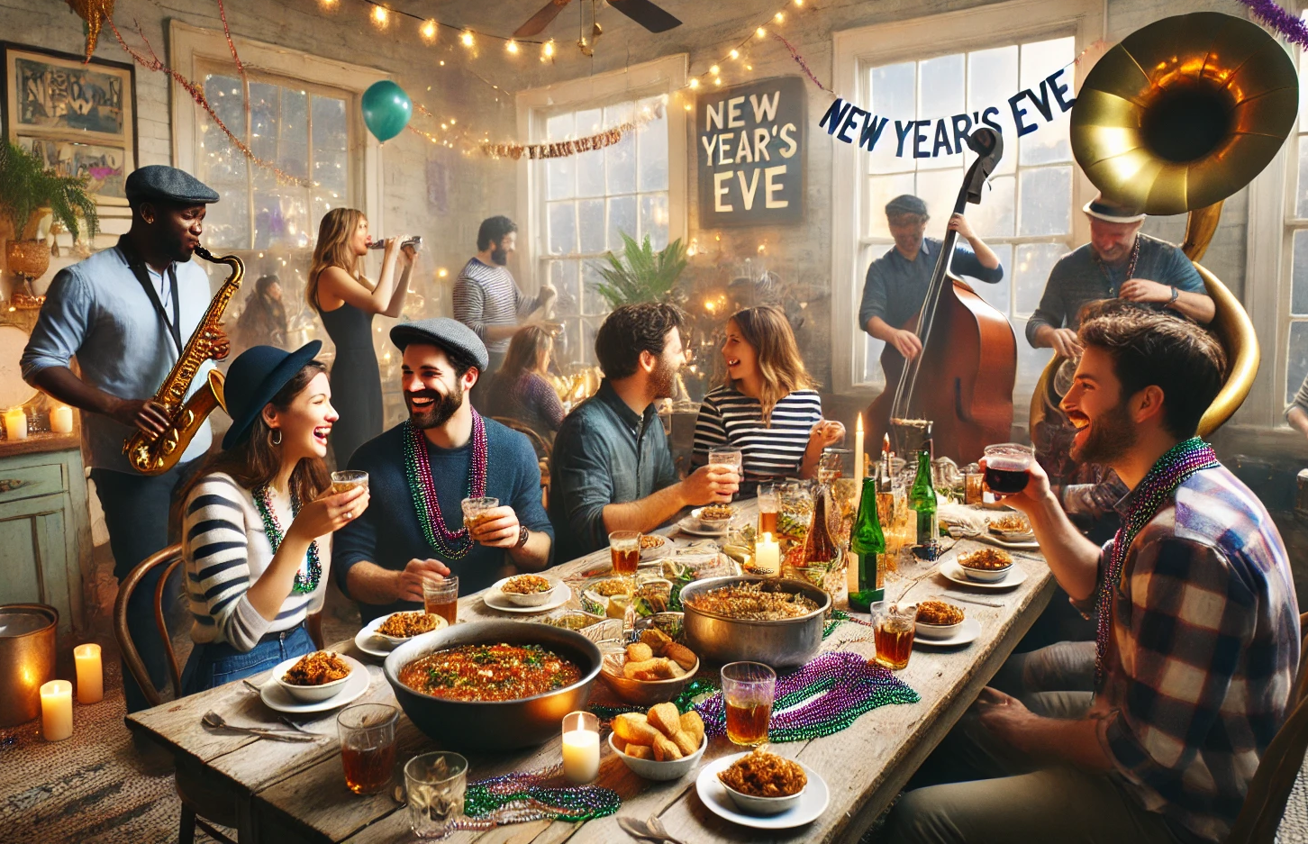 Photo of people sitting in a restaurant, enjoying food and drink in celebration of New Year's Eve.