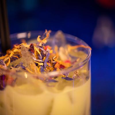 Close-up of a creamy cocktail in a glass, garnished with colorful dried flowers.