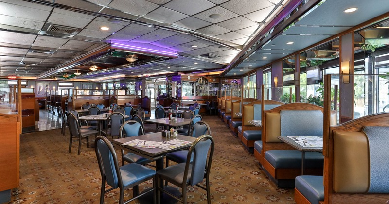 Interior, tables, chairs and seating booths