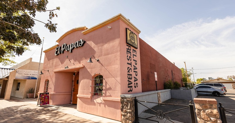 Exterior ,angle view to entrance and sign above
