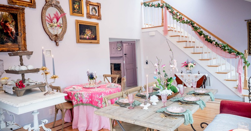 Interior, table with tableware ready for guests