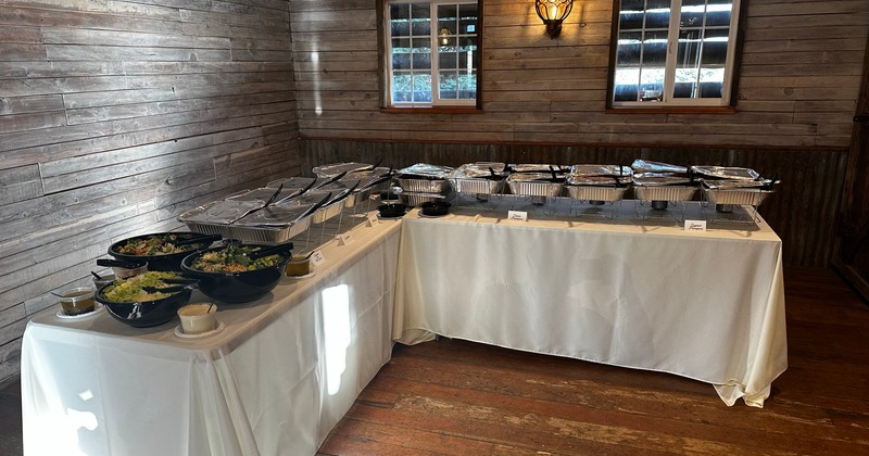 Interior, various dishes on trays displayed on a buffet table