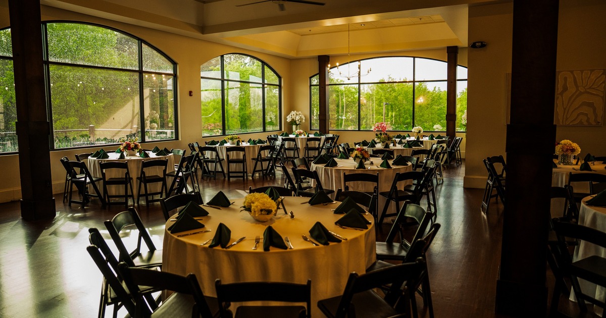 Interior, dining area with large round tables and chairs