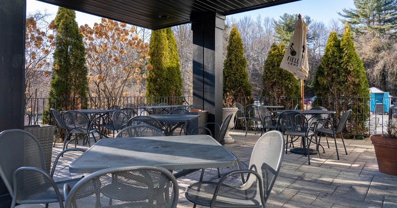 Outdoor seating area, tables and chairs