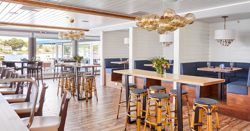 Interior, seating area with bar stools