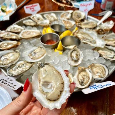 A plate of fresh oysters on ice with lemon wedges and cocktail sauce.