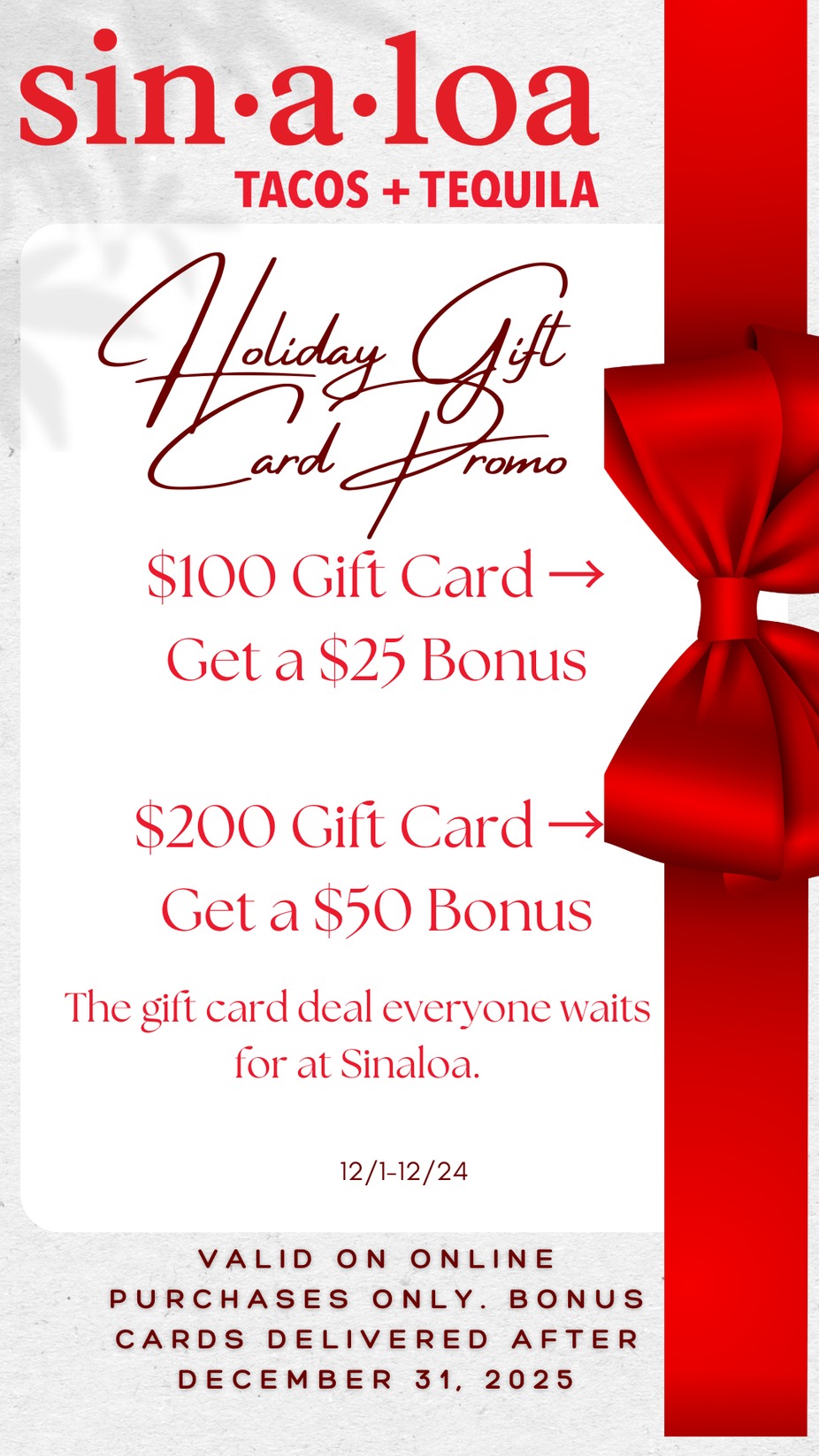 Sinaloa’s Holiday Gift Card Bonus Starts 12/1 event photo