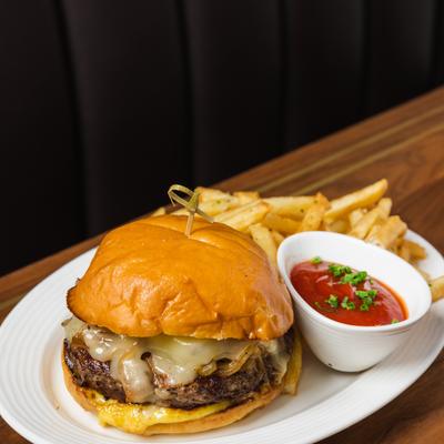 Cheeseburger, fries, and ketchup