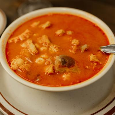 Bowl of Mexican menudo soup.