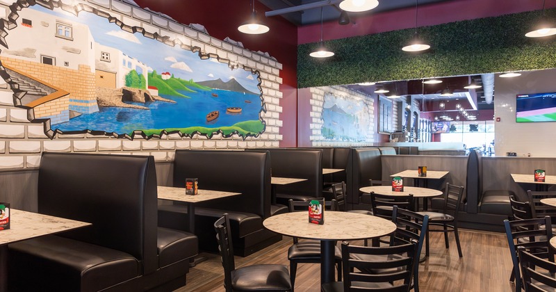 Interior, dining area with dining tables and booths