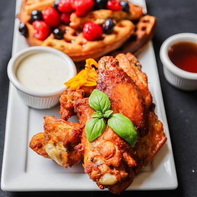 Fried chicken served with waffles topped with berries and a side of sauce.