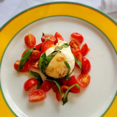 Burrata with tomatoes and basil leaves.