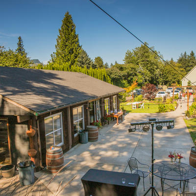 View of the restaurant main entrance with garden
