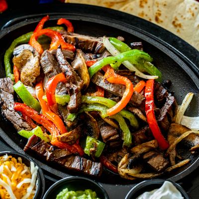 Steak fajitas, top view.