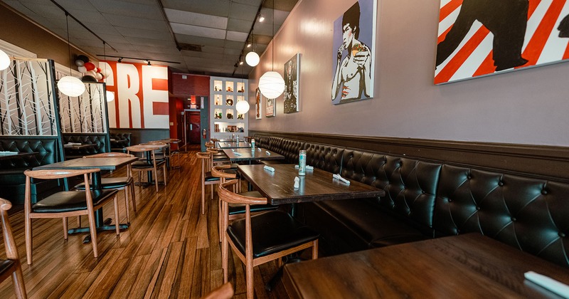 Interior, seating area, dining tables