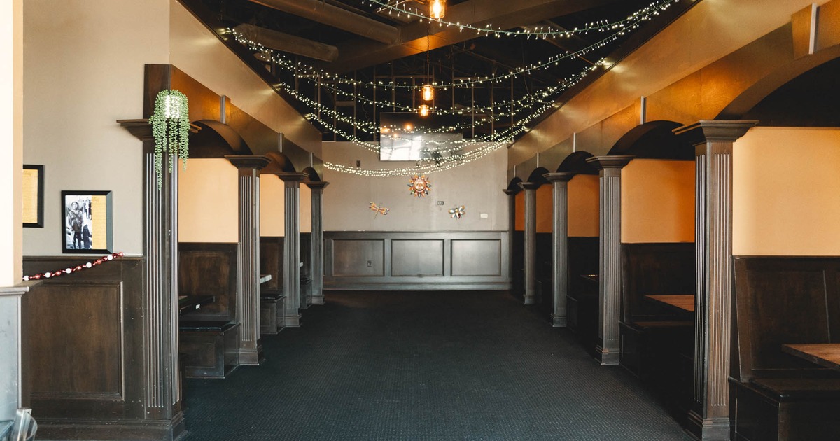 Seating booths, hanging lights