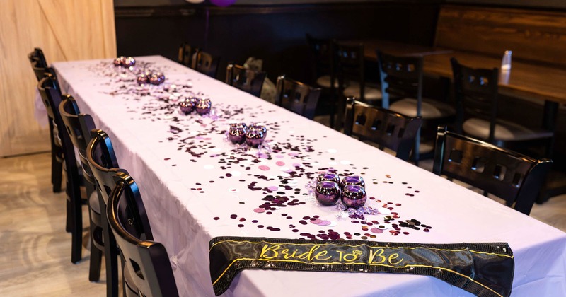 Interior, covered table with bridal decoration