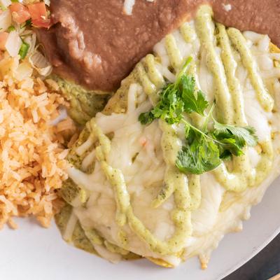 Enchilada, with rice, beans, and pico de gallo.