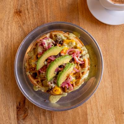 Carne asada waffle, overhead view.