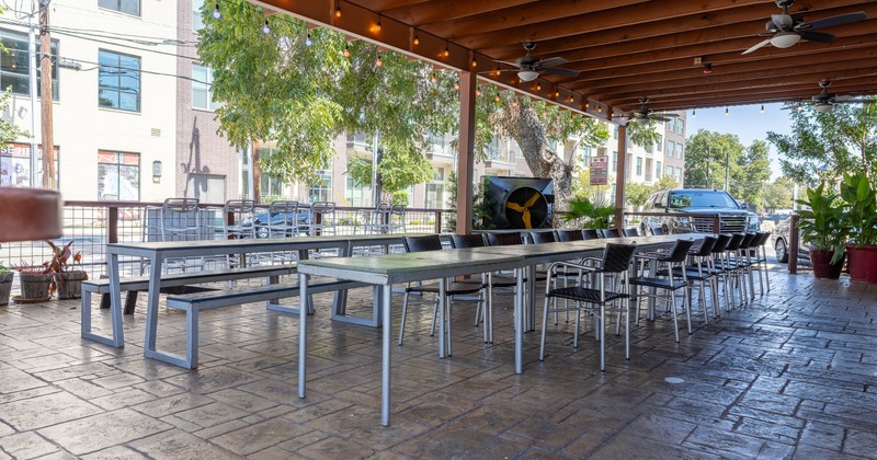 Exterior, tables, chairs and benches on the patio