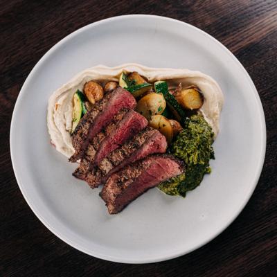 Grilled Flat Iron, White Bean Hummus, Bell Peppers, Zhoug, GF, Vegan Adaptable.