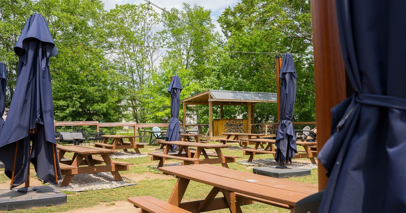 Patio, tables with benches