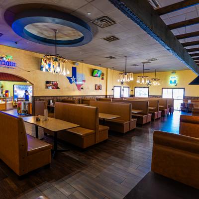 Dining area, booths and tables.