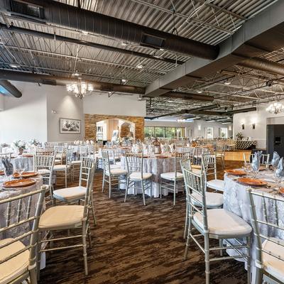Interior space, wedding ceremony hall with set tables