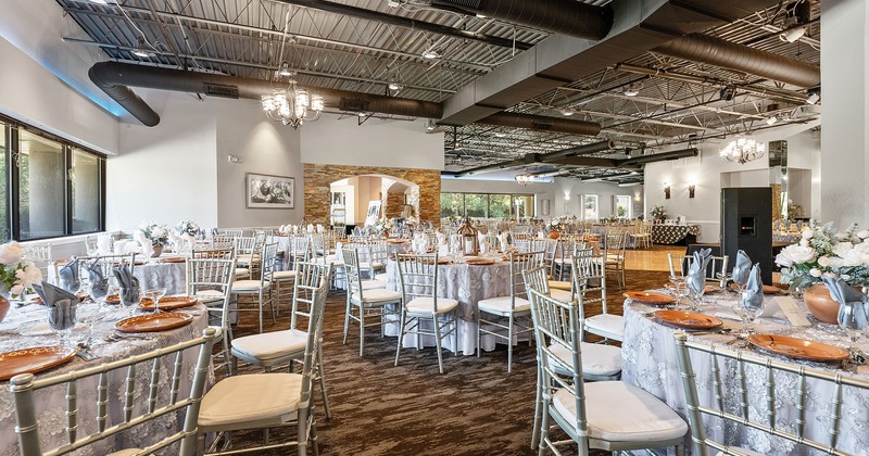Interior space, wedding ceremony hall with set tables