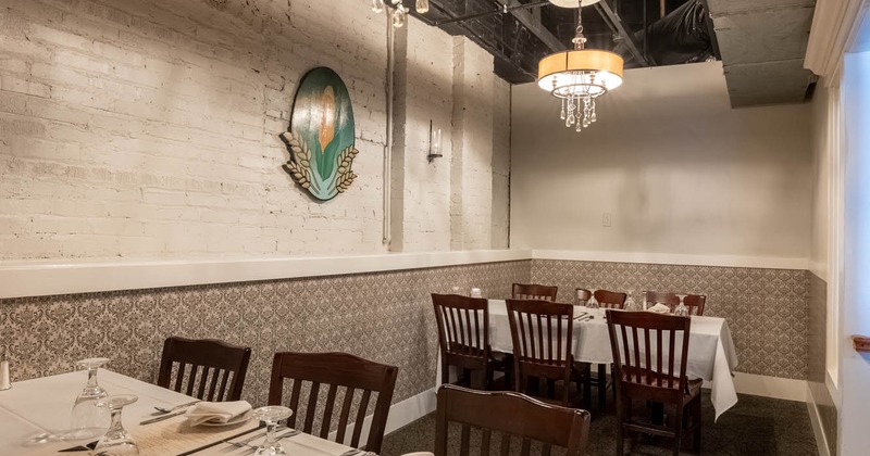 Dining room interior, tables with tableware