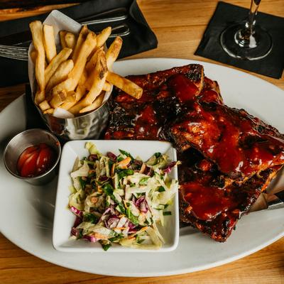 BBQ Baby Back Ribs, with Asian slaw, and fries.