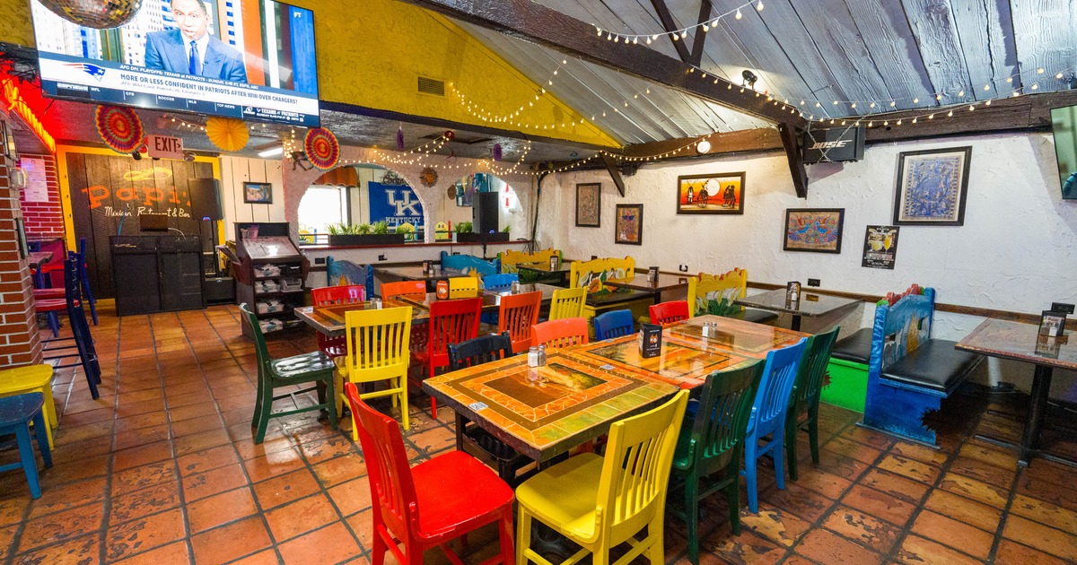 Interior, colorful tables and chairs