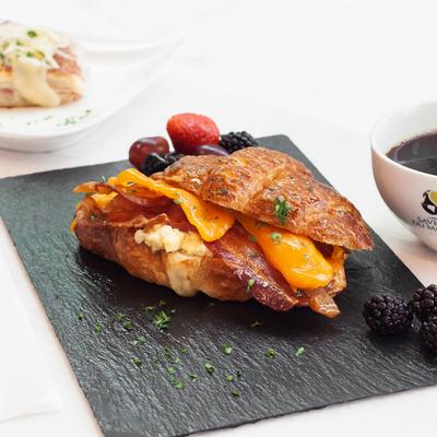 Cheddar, egg, and bacon croissant.
