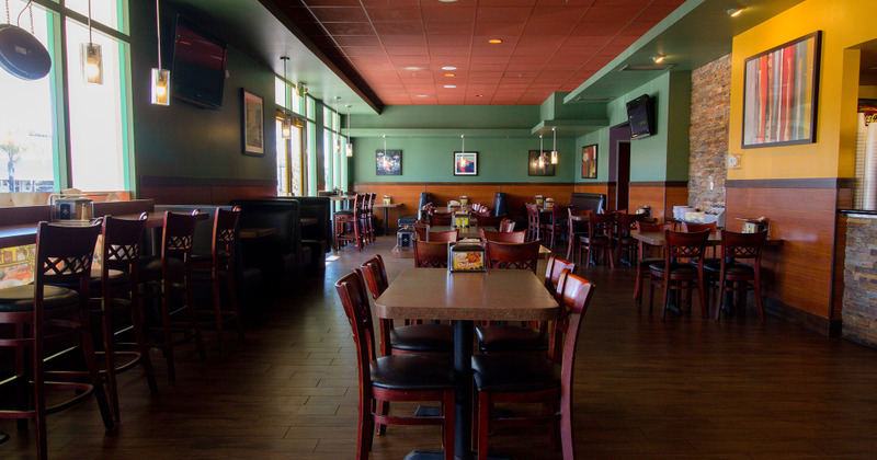 Interior, dining area decorated with artwork