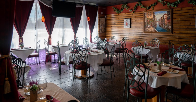 Interior, set tables, chairs, windows, decorations