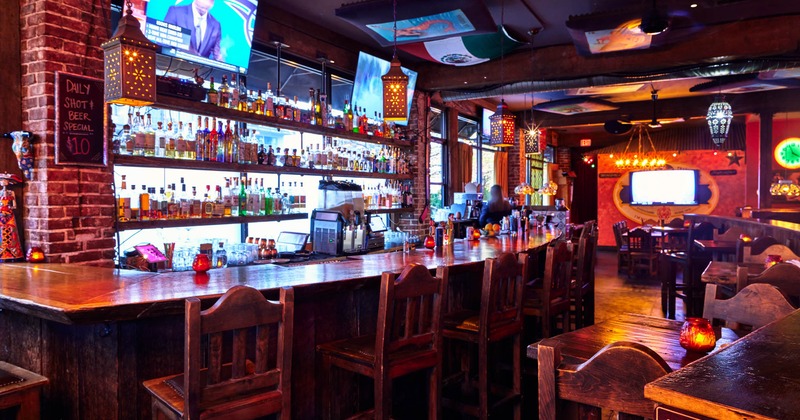 Interior, bar area and bar stools