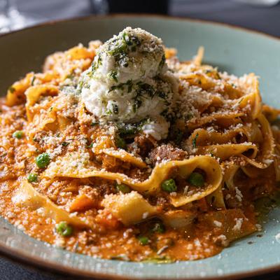 Pappardelle Bolognese, closeup view