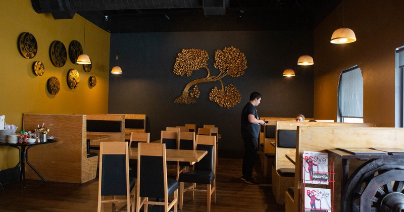 Interior, tables, chairs and benches, wall decoration