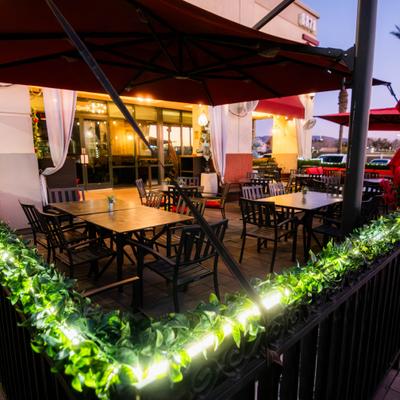 Outdoor patio, seating area.