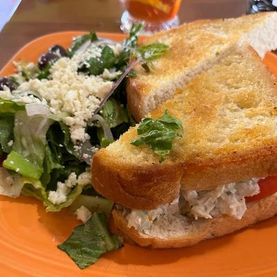 Chicken salad sandwich served with a side salad.