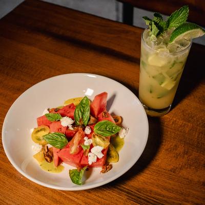 Watermelon salad and a peach mojito.