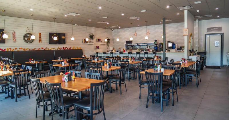 Dining area, tables ready for guests