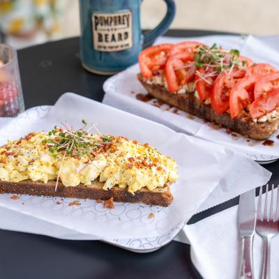 Egg toast and whipped feta and tomato toast.