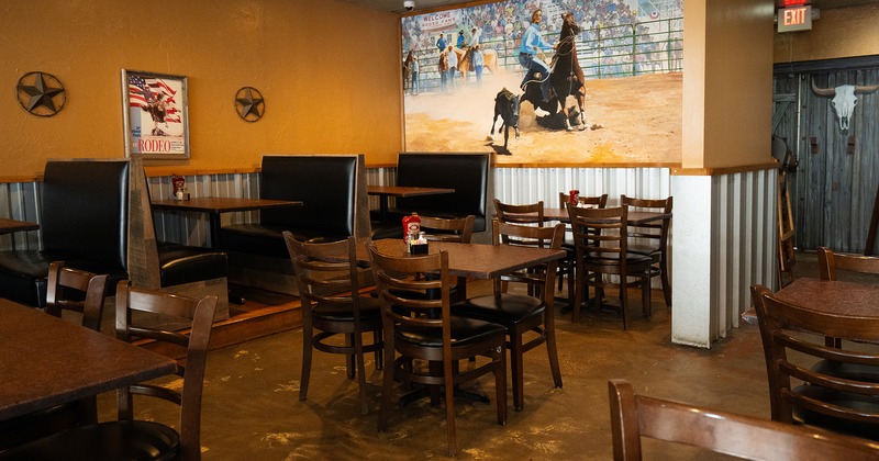 Interior space, dining area, tables, chairs and dining booths