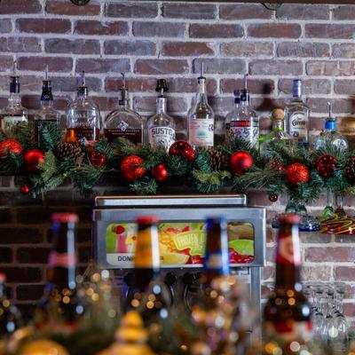 Christmas decorations and bottles.