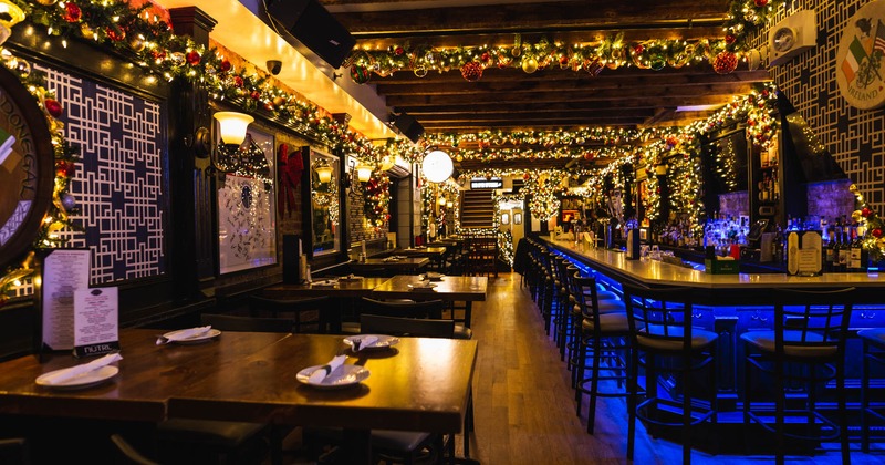 Dining and bar area, tables ready for guests
