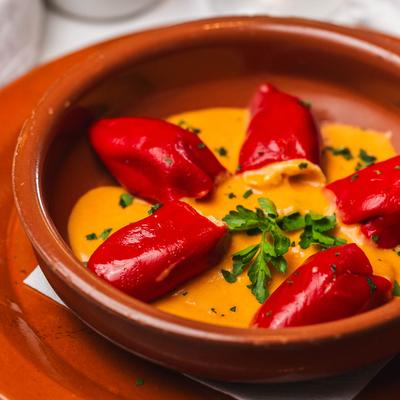 Roasted Peppers Pequillo Stuffed with Cod Fish.