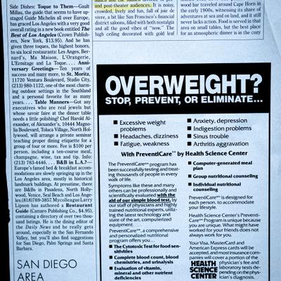 Newspaper clippings focused on dining reviews with a large weight management ad on the right