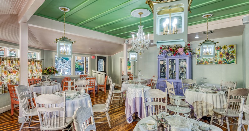 Interior, tea party design, set skirted tables