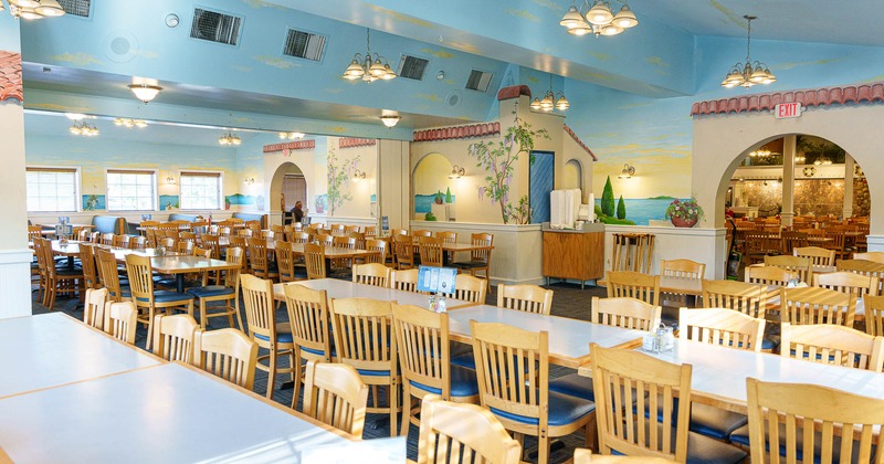 Sunlit restaurant interior with tables, chairs, and murals